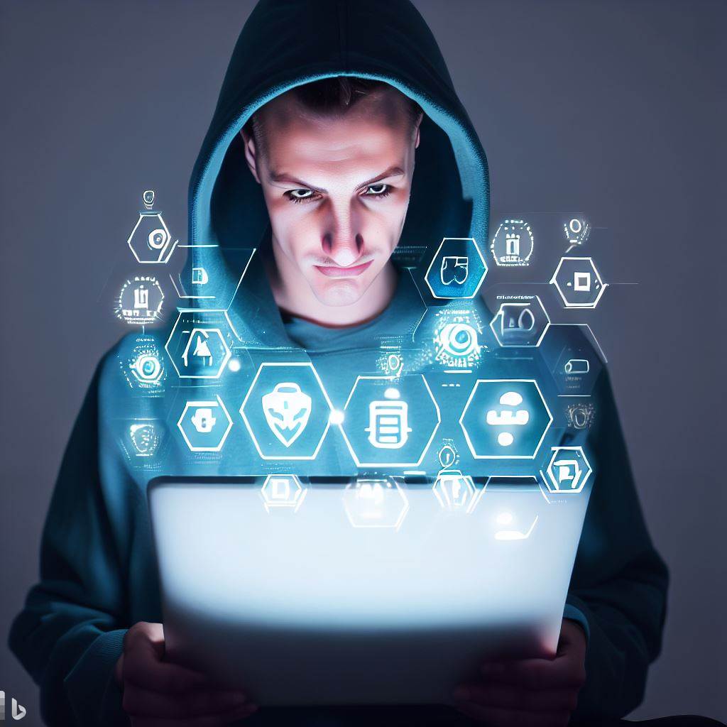 A person wearing a hoodie and glasses using a laptop with cybersecurity icons on the screen